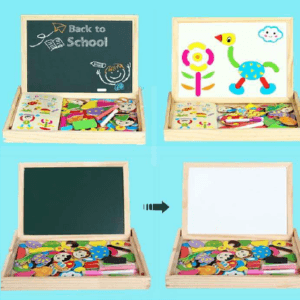 Wooden Education Magnetic Art Easel with White and Black magnetic slate Board and Creative Imagination Game Puzzle Book Ideal Gift for kids