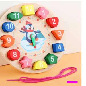 Multicolor Wooden Learning Clock with Bead Lace - Montessori Educational Toy for Kids with learning Waving Clock, Shapes Identification, Colors & stacking (Pack of 1)
