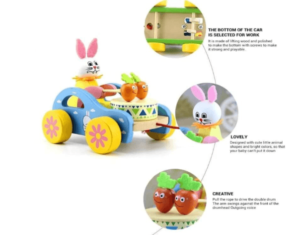 Wooden Pull Along Car With Animals, Encourage Baby to Walk with Drum Music, Sound Making Rabbit Car, Ideal Gift for toddler just learn to walk - Image 2