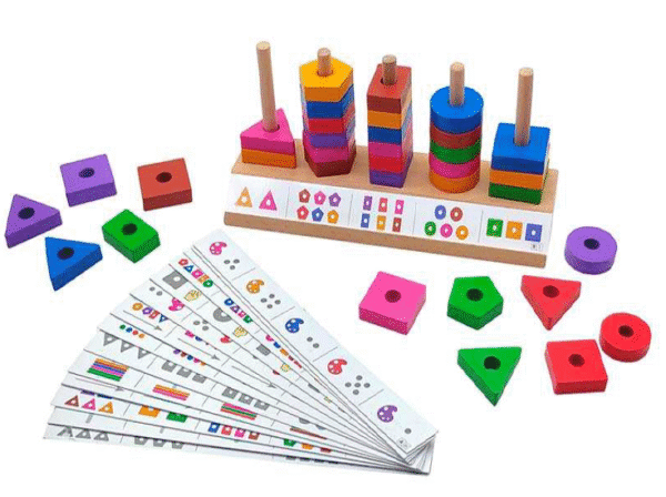 Wooden Colorful Different Shaped Block Matching Puzzle Games with Cards - Image 2