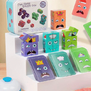 Wooden Face change Rubic Cube with 6 Blocks and Multiple Cards
