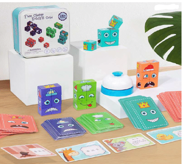 Wooden Face change Rubic Cube with 6 Blocks and Multiple Cards - Image 2