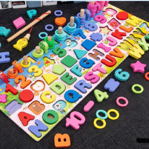 Wooden Five in one Board : Learn Alphabet, Numbers, Colors ,Shapes, Counting, Math operation and increase focus by Fishing Magnet