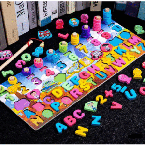 Wooden Six in one Board To learn: A-Z alphabets, 0-10 Numbers, Counting with rings, Fish Catching Game for Entertainment, Emergency Services and Color