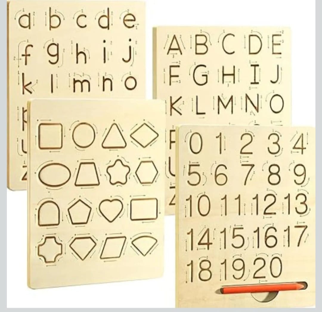 Wooden tracking boards Alphabet capital and small letters; Numbers 0-20 and shapes; Ideal for handwriting improvements