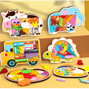 Wooden Tray with Stacking Blocks of Animals, Fruits, Dinosaurs, Vehicles (Pack of 1)