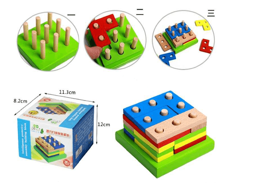 Wooden Assemble Geometry Intelligence Box (9 Pillar 15 x Blocks) - Image 2