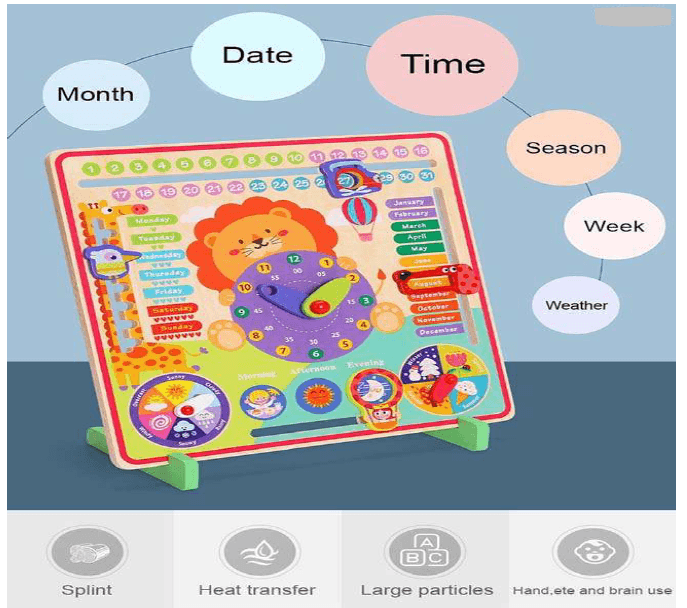 Wooden Lion Calendar Clock with Days, Week, Months, Season, Weather, Time, Date and Time - Image 8