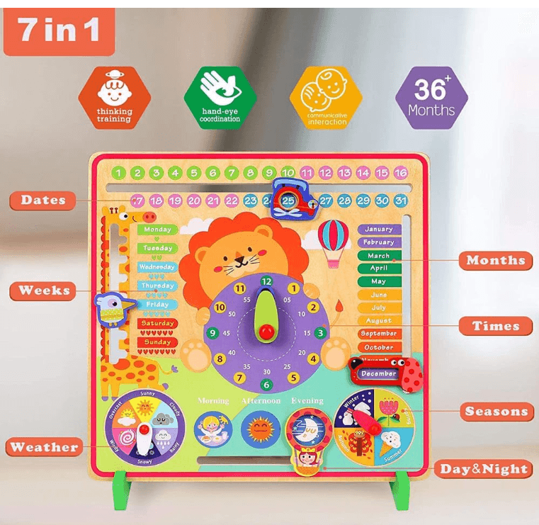 Wooden Lion Calendar Clock with Days, Week, Months, Season, Weather, Time, Date and Time - Image 6