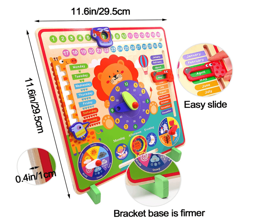 Wooden Lion Calendar Clock with Days, Week, Months, Season, Weather, Time, Date and Time - Image 4