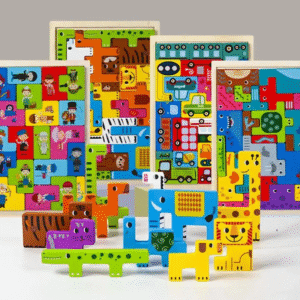 Wooden Animal Stacking Block Game with Tray 22.5x15CM